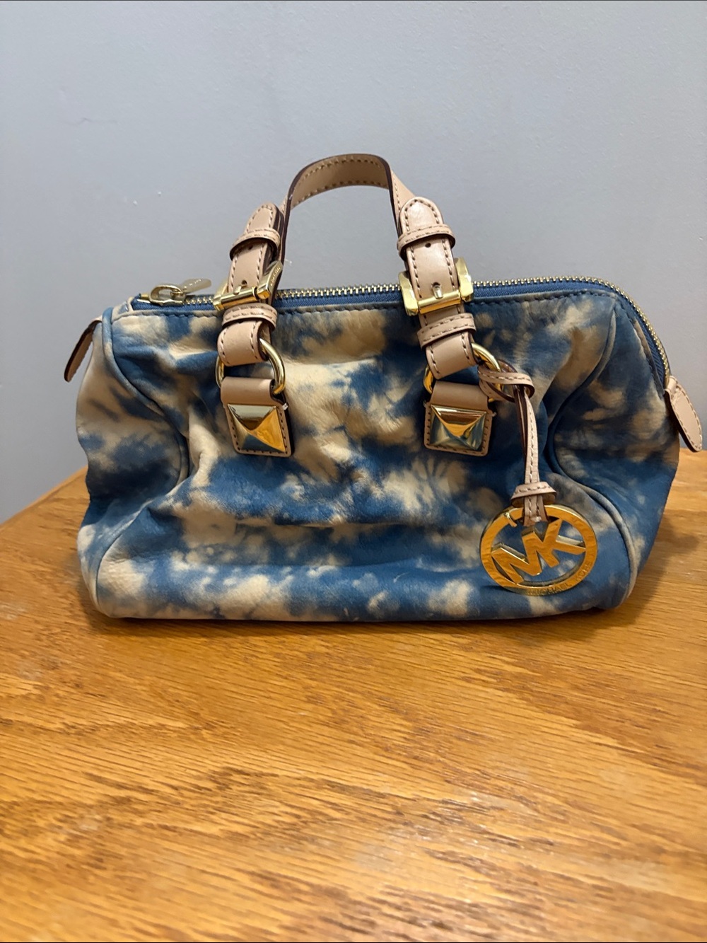 Michael Kors Blue and Cream Tie-Dye Mini Satchel with Tan Handles